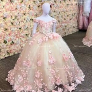 Little Princess Wedding Party  Gowns Off Shoulder Mini Quinceanera Dress for Girls 3D Floral Applique  Flower Girls Dresses