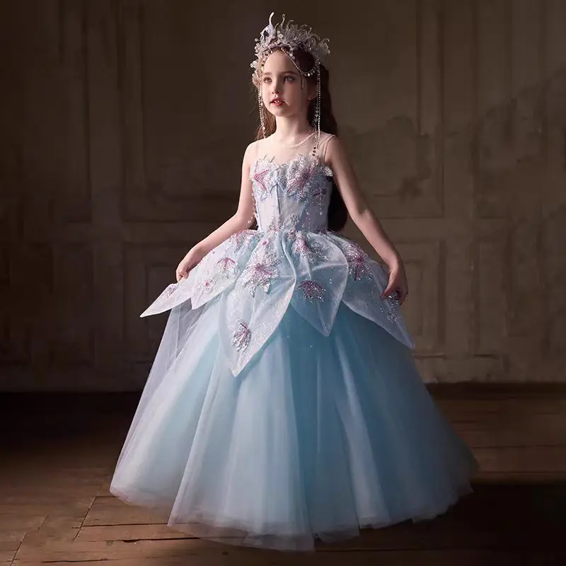 Jill Wish Luxury Beaded Blue Flower Girl Dress Crystal A-Line for Kids Princess Wedding Pageant Birthday Party Prom Gown J392