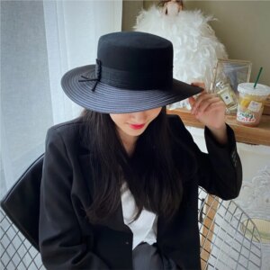 Big eaves flat top woolen hat women fashion elegant shopping all