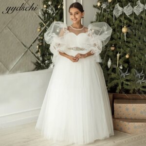 Customized Puffy Flower Girl Dresses For Wedding With Jewelry Belt 2025 A-Line Princess Birthday Party First Communion Gowns