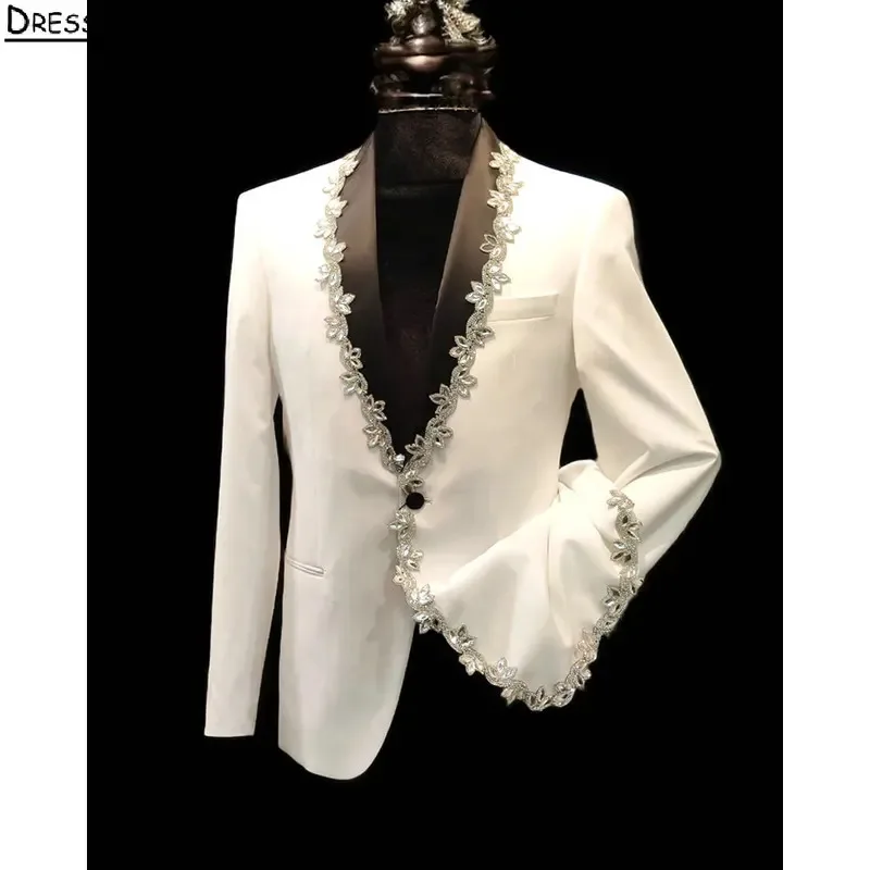 White Crystal Diamonds Men Suits Two Pieces Evening Party Blazer Groom Wear ( Jacket + Pants )