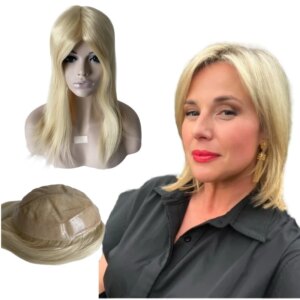 Chinese Virgin Human Hair Systems 613# Honey Blonde Color AUS Toupee 7×9 Lace with PU Topper for White Woman