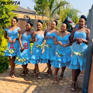 Wholesale Short Mermaid Bridesmaid Dresses For Black Women 2 Styles Off The Shoulder Lace Satin Blue Maids Of Honor Gowns