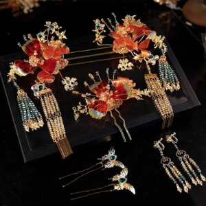 Xiuhe Headdress Bridal Headdress New Chinese Classical Red Water Coagulation Flower Hair Accessories Suit and Gown Wedding