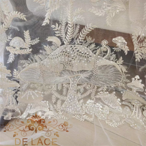 JZQ Hot Sale Embroidery Mushroom Pattern With Shining Sequins Soft Mesh Plant Embroidered Lace for Wedding Dress
