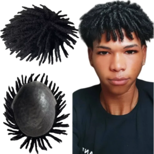 Burmese Virgin Human Hair Replacement 1# Jet Black Color 3 inches Short Dreadlocks Knots PU Toupee 8×10 Skin Unit  for Black Men