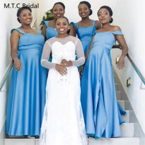 Simple 2024 Long Blue Bridesmaid Dresses A Line Spaghetti Straps Corset Back Wholesale Wedding Party Gowns Robe De Soiree