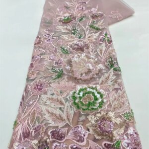 Luxury Nigerian Lace Fabrics 2025 Pink Beaded Lace Fabric High Quality 5 Yard Fabric Sale Embroidered Austria Elegant Dr W631-1