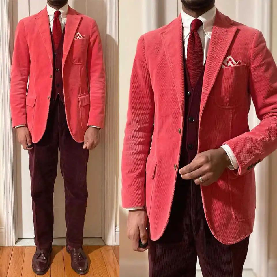 Corduroy Spring Wedding Suits For Groom Notched Lapel Tuxedos Single Breasted 2 Pcs Jacket Pants Party Prom Customized