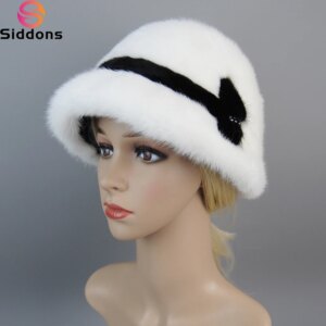 Woman Hat Winter Solid Mink Caps With Fashion arrow Natural Mink Fur Hats New Russian Girl Soft Knitting Real Fur Bucket Hats