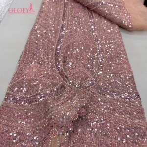 Latest Hot Sale Fashion Africa Lace Fabric High Quality Handmade Embroidery Lace With Beads Sequins Party For Wedding Dress
