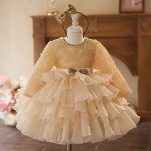 Jill Wish Elegant Champagne Flower Girl Dress Long Sleeve Princess Toddler Kids Wedding 1st Birthday Hoilday Party Gown J465