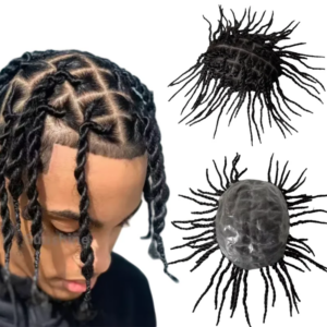 European Virgin Human Hair Pieces 200% Density 1b# Black Twist Braids Knots Skin PU Toupee for Black Men