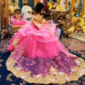 Princess Flower Girl Dresses Customized Pink Gold Appliqued Kids Birthday Party Gowns Quinceanera Litter Girl’s Pageant Dress