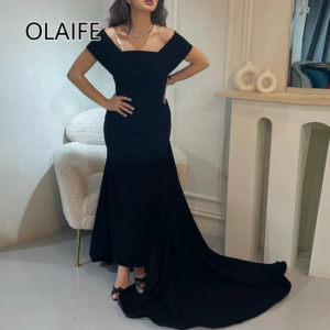 Formal Evening Saudi Dress Off-Shoulder Saitn Solid Sheath Ankle-Length Backless Prom Gown for Women with Sweep Customized