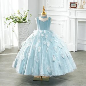 Dreamy Vow Baby Blue Flower Girl dress Beaded Feather Arabic Princess for Kids Birthday Wedding Party Ball Gown J128