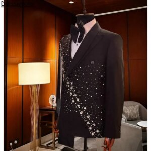 Black Men Business Crystal Diamonds Formal Occasion Tuxedos Grooms Wedding Party Prom Male Suit 3 Piece Set Blazer Vest Pants