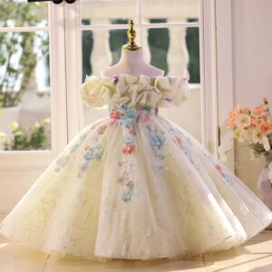 Dreamy Vow Strapless Pearl Sequin Flower Girl Dress Children’s Wedding Party Festival Celebration Dance Dress With Flower D124