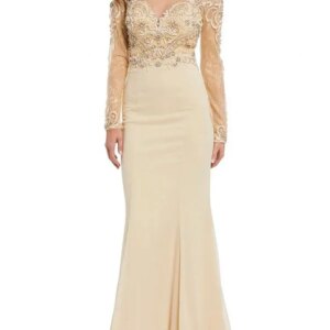Long Sleeve Champagne Mother Of The Bride Dresses Jewel Neck Lace Beaded Wedding Guest Dress Plus Size Formal Evening Gowns