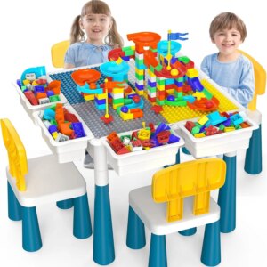 Toddlers Kids Table and Chair Set: Activity Table with 152Pcs Large Marble Run Building Blocks 4 Chairs Storage All in One Play