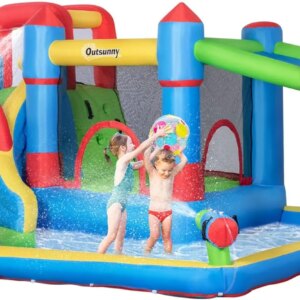 6-in-1 Inflatable Bounce House with Slide, Climbing Wall, Water Cannon, and More, Inflatable Water Slide for Kids with 2 Min. In