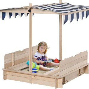 Wooden Kids Sandbox with Cover, Children Outdoor Sand Box with Foldable Bench Seats, Adjustable Canopy, Bottom Liner for Outdoor