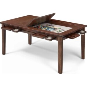 Solid Wood Board Game Table for 4-6 Players,Dining/Gaming Table w/ 54″x31″ Big Gaming Space and Removable Top,Includes Game Mat,
