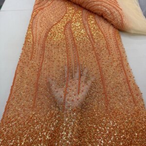 Gold Beads Tulle Lace Fabrics African Fabric Lace High Quality 2025 Fabrics White Lace Fabric With Sequins For Sewing KB4745