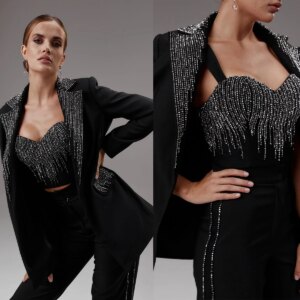 Customize Black Sequins Women Pants Suits Slim Fit Girls Blazer Set 3 Pieces Custom Made Jacket For Lady Party Prom Wedding Wear