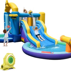 Inflatable Water Slide, 2 in 1 Ocean Bounce House Water Slide with Ball Pit & Splash Pool for Kids Outdoor Fun, Bouncy Castle Wa