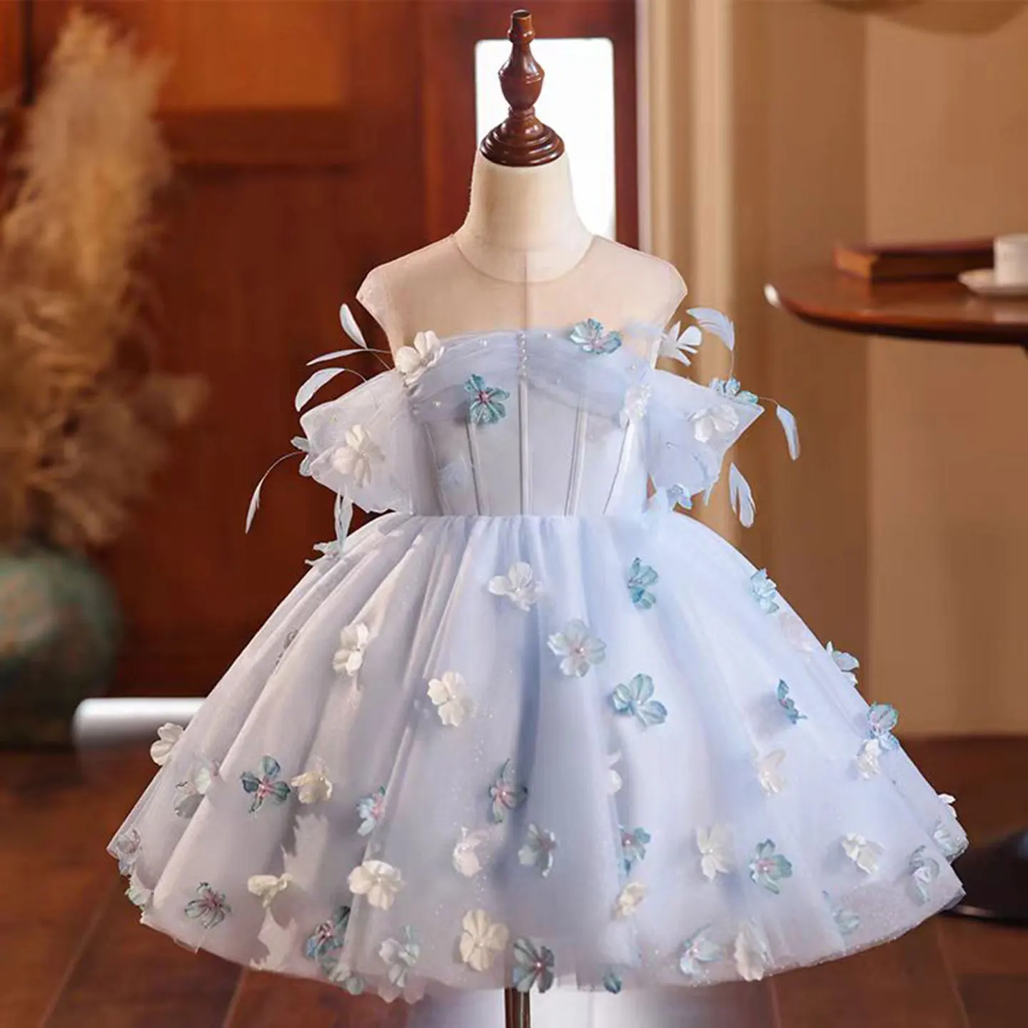 Dreamy Vow Elegant Blue Girl Bridesmaides Dresses 3D Flowers Arabic for Princess Kids Birthday Wedding Party Pageant Gown J192