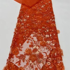 Orange African Lace Fabric 2025 High Quality Nigerian Lace French 3D Flowers Tulle Lace Fabric For Wedding Dress Sewing A1161-1