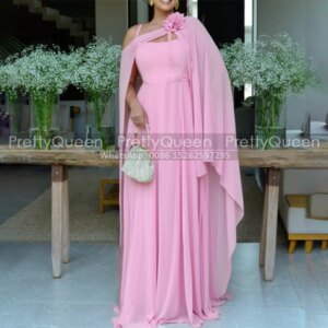 Customized Cloak Shawl Mother of the Bride Dresses Long A Line Flowers One Shoulder Pink Chiffon Prom Dress Party For Women