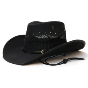 Simple black belt made old leather men’s and women’s big-brimmed cowboy hats sunblock, sunshade waterproof warm top