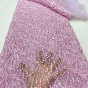 2025 Nigerian Gold Beaded French Mesh Net Lace Evening Dress Embroidery Sequins Beaded Tulle Lace Fabrics For Party KB4925