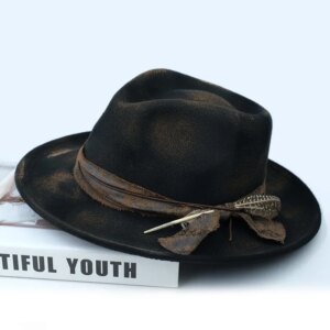 Design spray paint charred wind vintage do old woolen hat felt top feather trim flat wrapping