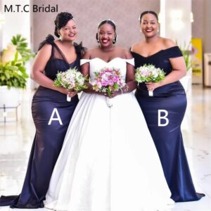 Custom Made Long Black Mermaid Bridesmaid Dresses 2 Styles Corset Back Pearls Tulle Satin Maids Of Honor Gowns High Quality