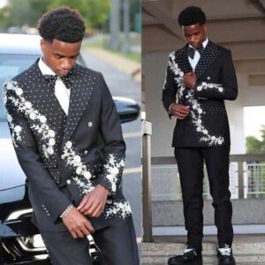 Luxury Beaded Wedding Tuxedos Appliques 2 Piece Set Jacket Pants Peaked Lapel Men Suit  Customized Groom Wear Party Suits