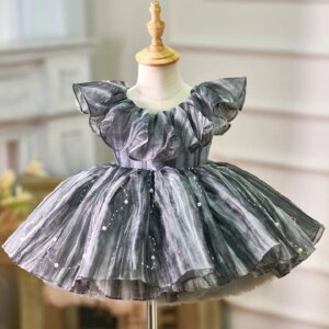 Jill Wish Black Baby Puffy Sleeve Pearls Adorable Girl Dress with Bow Knee Length Princess Wedding Birthday Party Gown J024