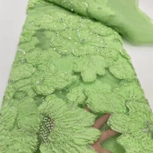 5 Yards 3D Flower Green Beaded Lace Latest Lace Fabric High Quality 2025 Peals With Sequins Fabrics Tulle Lace For Sewing KB4528