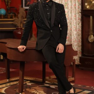 Crystals Black Men Suit Set 2 Pieces Cotton Blazer+Pants Trousers Formal Office Beaded Groom Wedding Tuxedo Customized Jacket