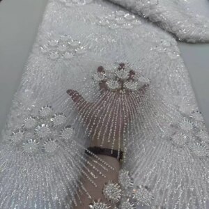 White Beaded Lace Fabric High Quality 2025 Wedding Elegant Latest Lace Fabric Embroidery French Sequin Lace Fabric 5Yard A1138-1