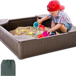 Sandbox with Cover, 48.6”x48.6”x12.4” Square Sand Box, Sand Pit with 4 Corner Seats & Bottom Liner, Gift for Ages 3-12 Y