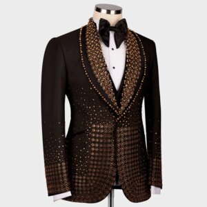 Customized Formal Beaded Crystals Men Suits 3 Pieces Sets Wedding Groom Tuxedos Slim Fit Male Prom Blazers Sparkly Party Suits