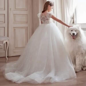 Birthday Party Banquet Gowns Flower Girl Dresses White Tulle Flower Pattern Appliques With Trailing Short Sleeve For Wedding