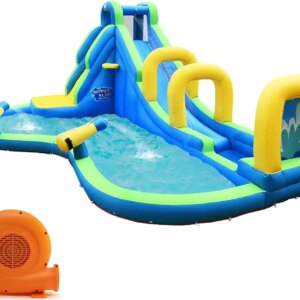 Inflatable Water Slide with 750w Blower, 5 in 1 Water Park Castle Bouncy House w/Water Cannons, Long Slide, Blow Up Waterslide
