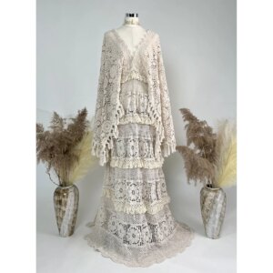 Don&Judy Vintage Tassels Hollow Floral Cotton Maternity Photoshoot Dress Rustic Bohemian Pregnancy Photo Shoot Babyshower Gown