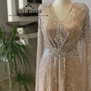 FATAPAESE Customized Evening Gown Cape Full Sleeve Over Crystal Beaded Luxury Saudi A-line Dresses Gowns For Formal Occasion