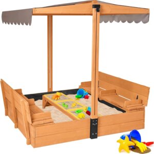 Large Wooden Kids Sand Box with Cover,Sandbox with Lid Foldable Beench Seats,Sand Boxes for Backyard Garden, Beach Patio Outdoor