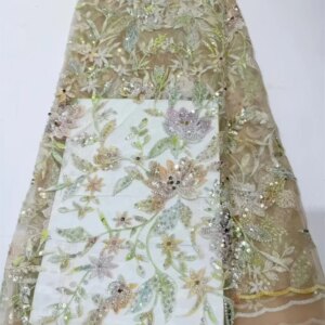 Gold New African Beaded Lace Fabric 2024 High Quality French Luxury Nigerian Sequins Tulle Lace Fabric for Wedding Dress
